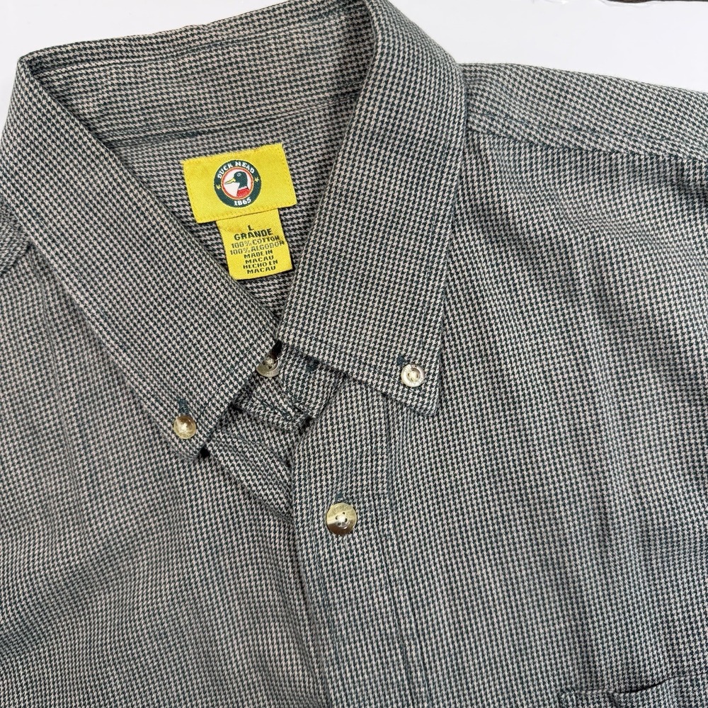 Men's Vintage Duck Head Green Tan Houndstooth Button Up L Cotton Long Sleeve
